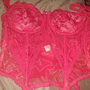 70s-80's Vintage Lady Marlene Red Corset W/Garter Clips Lace & Stockings Sz 36C